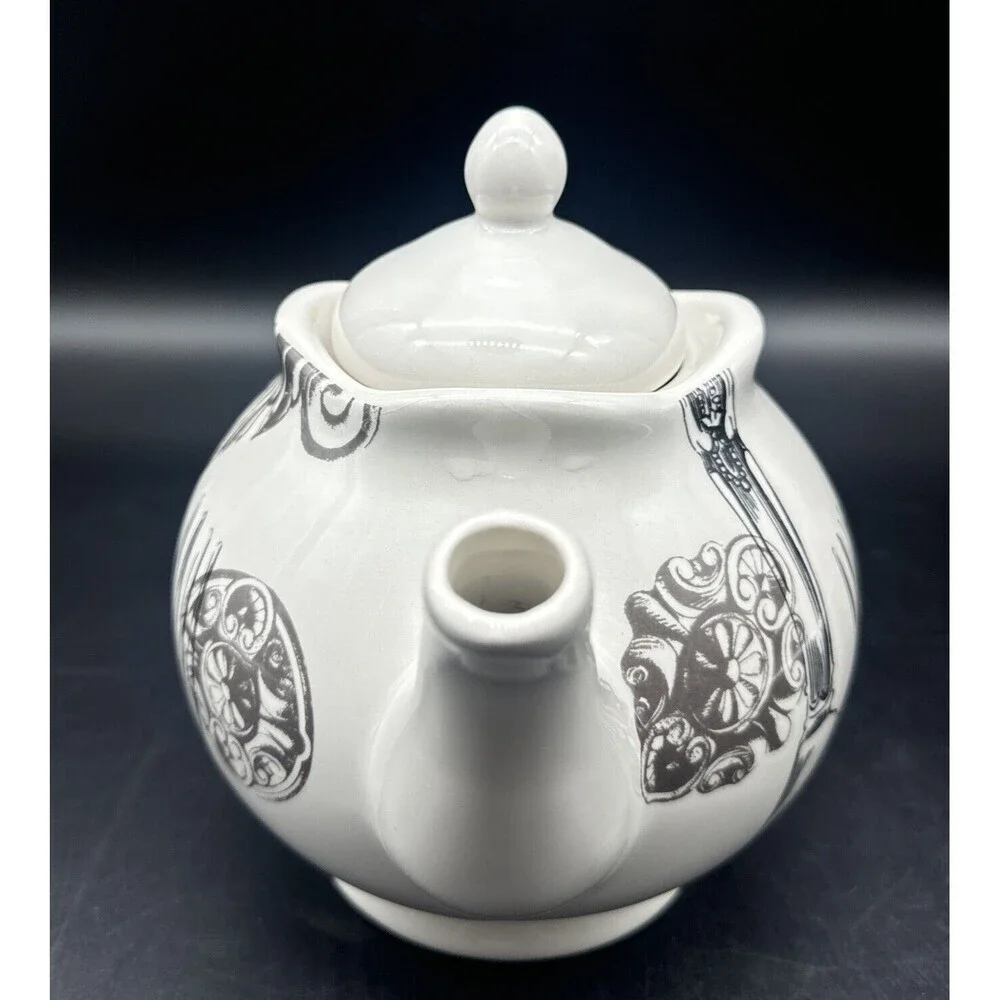 Magenta Exclusives White w/ Black Fork Spoon Knife Graphics Ceramic‎ Teapot 80oz